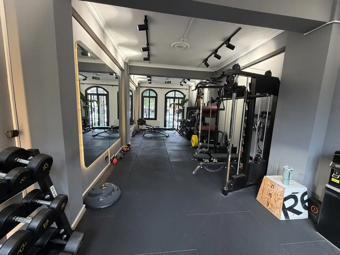 Twin Bros Studio fitness alanı: dumbbell rafı, kablolu istasyon ve aynalar
